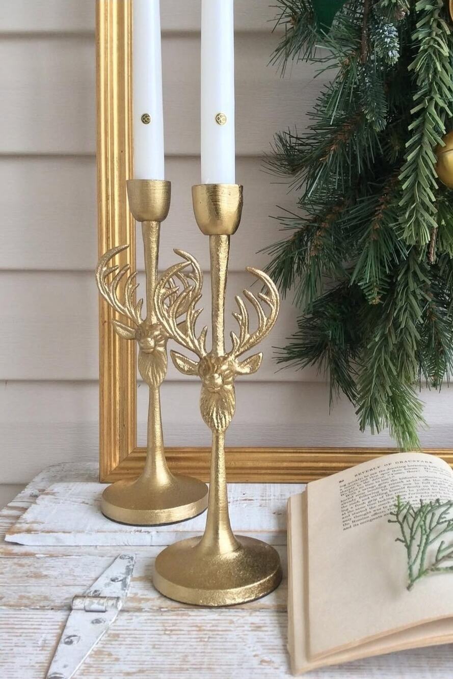 Pair of Deer Stag Elk Cast Iron Metal Gold Candle Holders 10" Christmas Boho